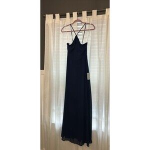 Long Formal Dress Prom Sz M lulus Navy Blue Lace up Maxi Slit Chiffon Halter
